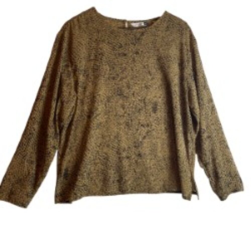 STUDIO BLUE BLOUSE LONG SLEEVE TAN W/BEIGE AND A VELVETY BLACK DESIGN SIZE L